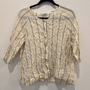 Cutloose Top Womens Sz S Cream Textured Crinkle Striped 3/4 Sleeve Lagenlook